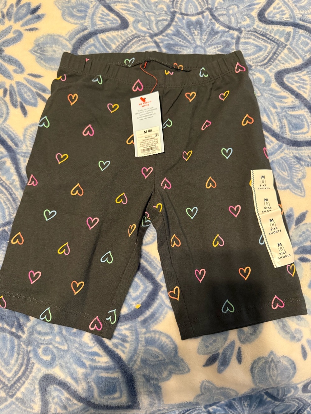 GIRLS Heart-Print Bike Shorts - Black with Multi-Color Hearts size medium 8 NWT